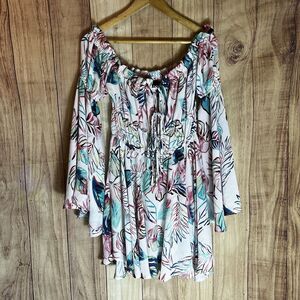 Hot Miami Styles Floral Botanic Long Sleeve Tied Up Tunic Dress Size Medium